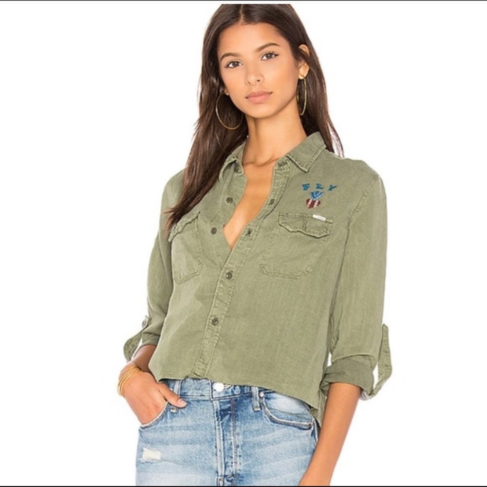 MOTHER Army green Super Trooper Crop Fray Shirt